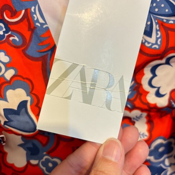 Zara Puff Sleeve Ruffle Floral Mini Dress Red Blue White - Picture 7 of 14